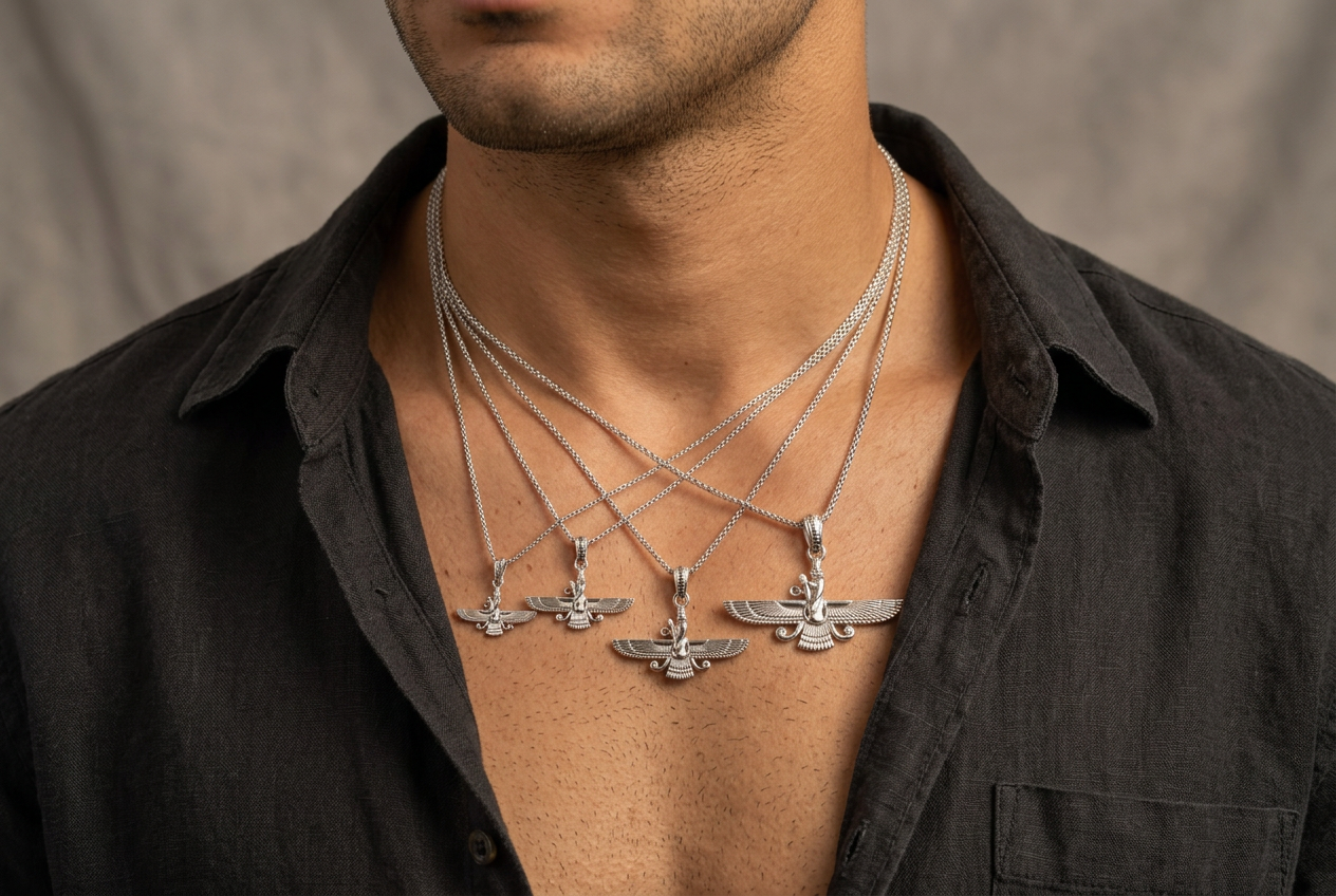 Four Eternal Asho Farohar 3D 360 pendants worn on a man in 0.875, 1, 1.25 and 1.5 inch sizes for scale comparison