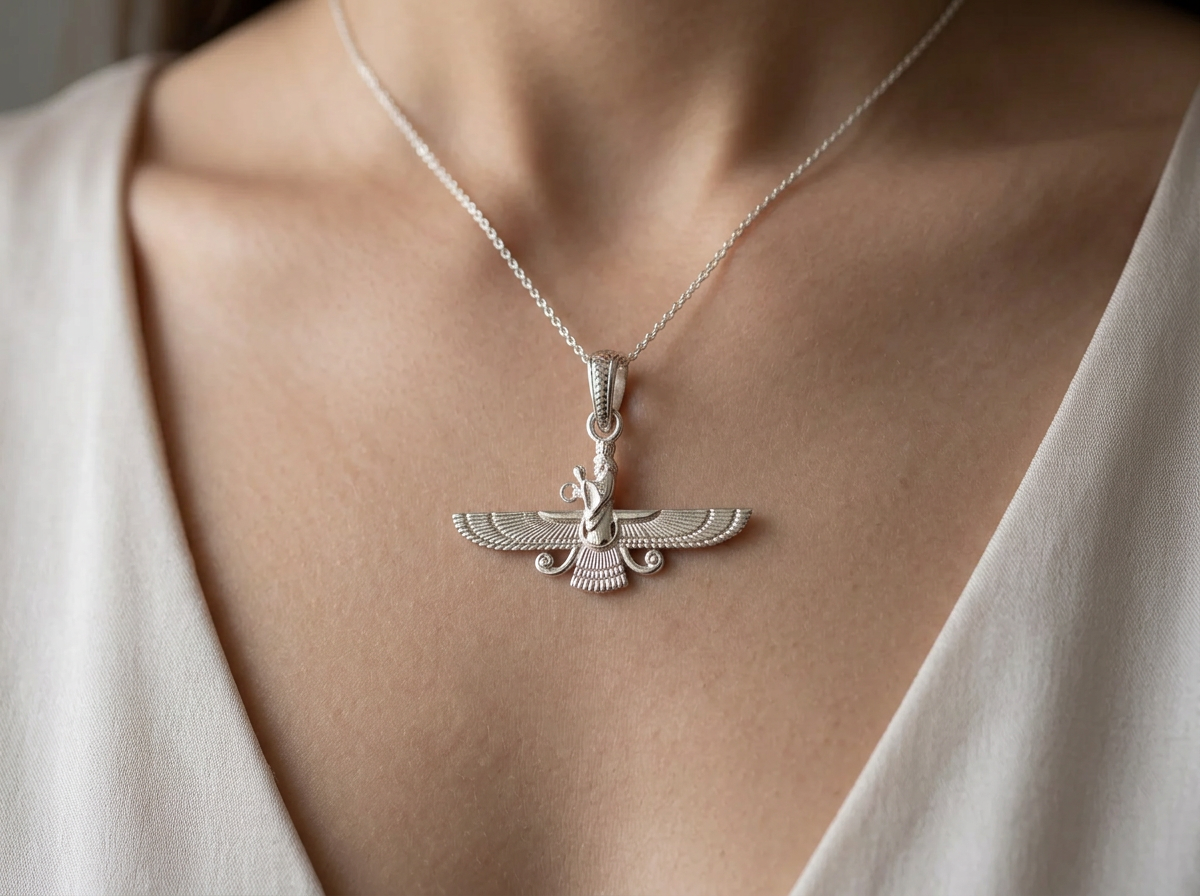 The Eternal Asho Farohar 3D 360 pendant worn on a silver chain