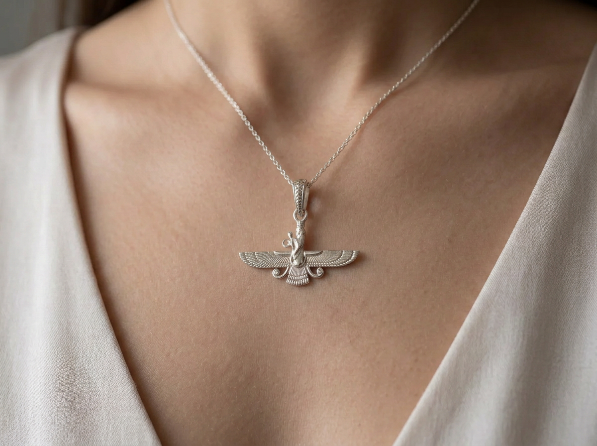 The Eternal Asho Farohar 3D 360 pendant worn on a woman's neck on a silver chain