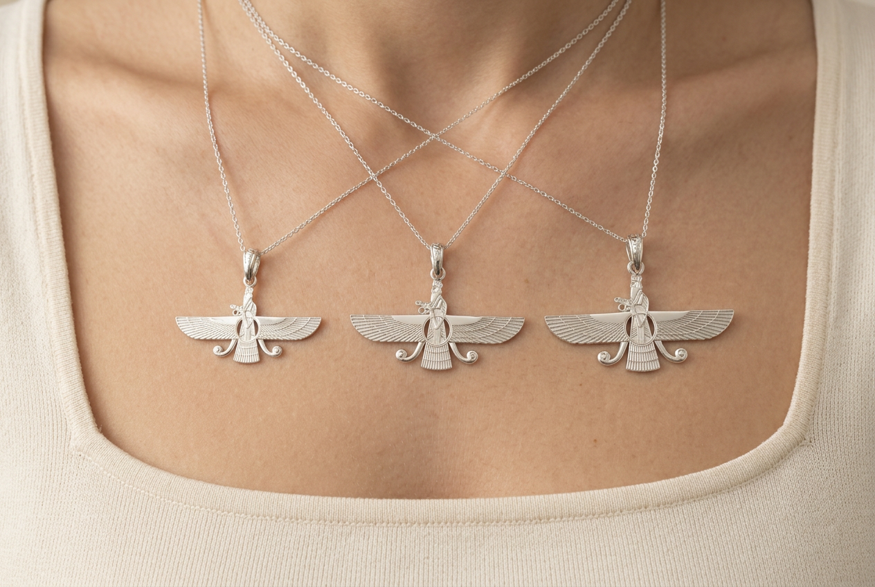 Three 2D Asho Farohar pendants worn on a woman in 1, 1.25 and 1.5 inch sizes for scale comparison