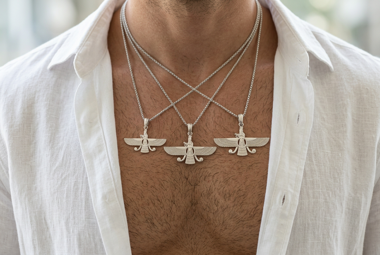Three 2D Asho Farohar pendants worn on a man in 1, 1.25 and 1.5 inch sizes for scale comparison