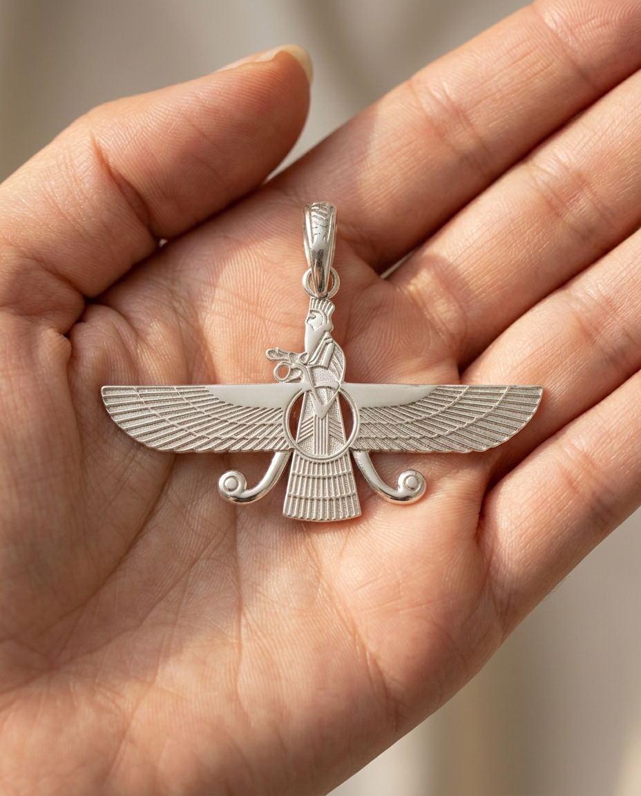 2D Asho Farohar pendant held in the palm of a hand