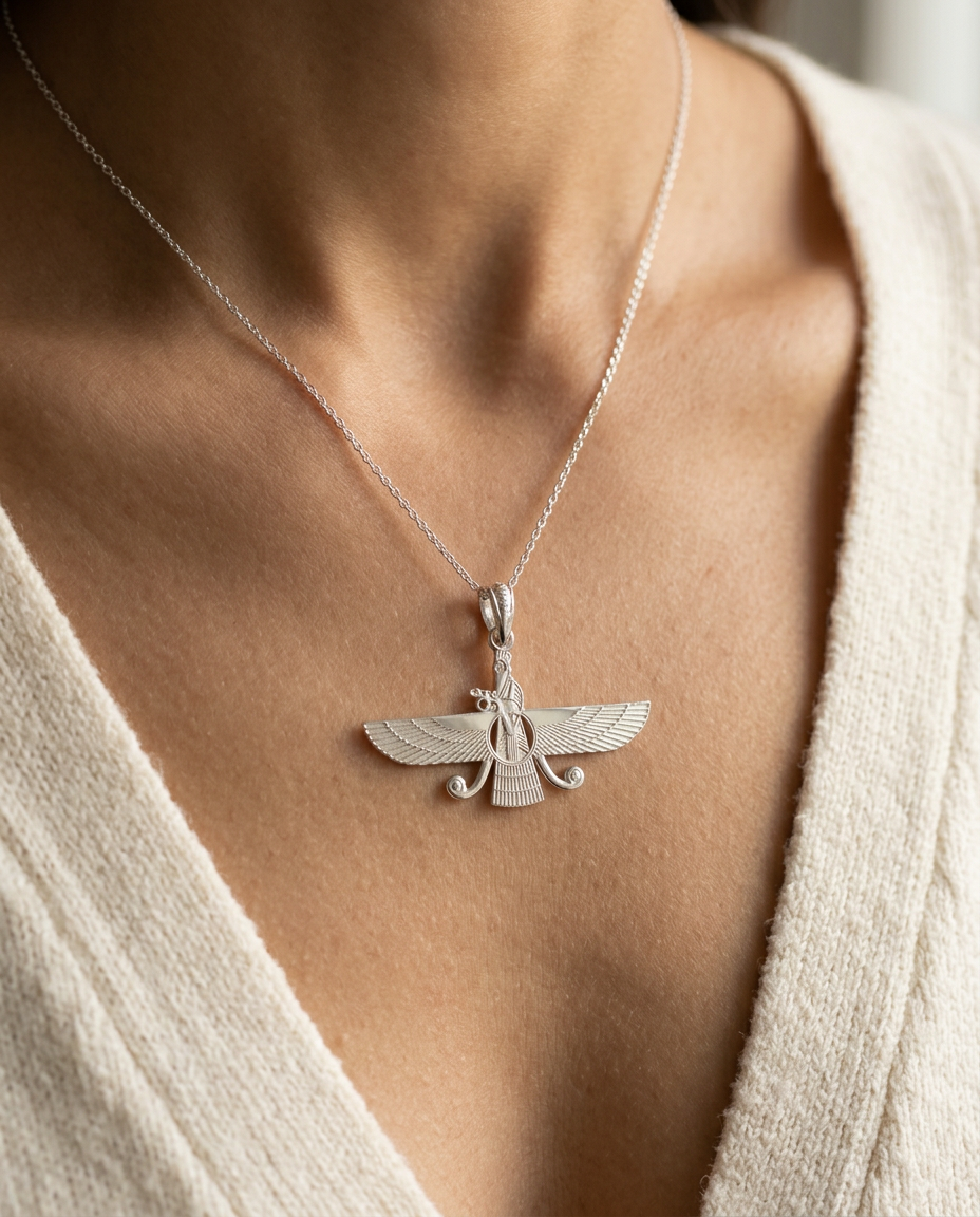 2D Asho Farohar pendant worn on a woman's chest on a fine silver chain