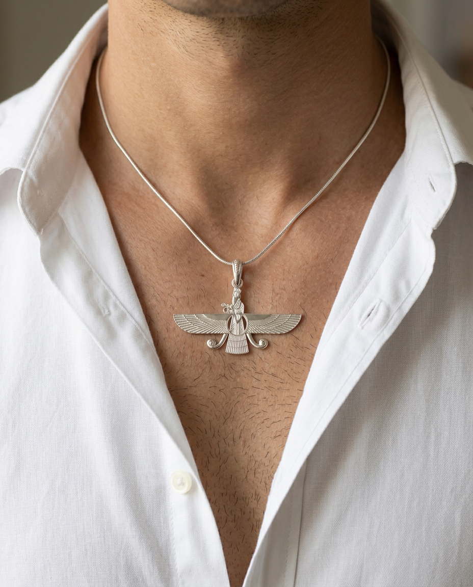 2D Asho Farohar pendant worn on a man's chest over an open-collar shirt