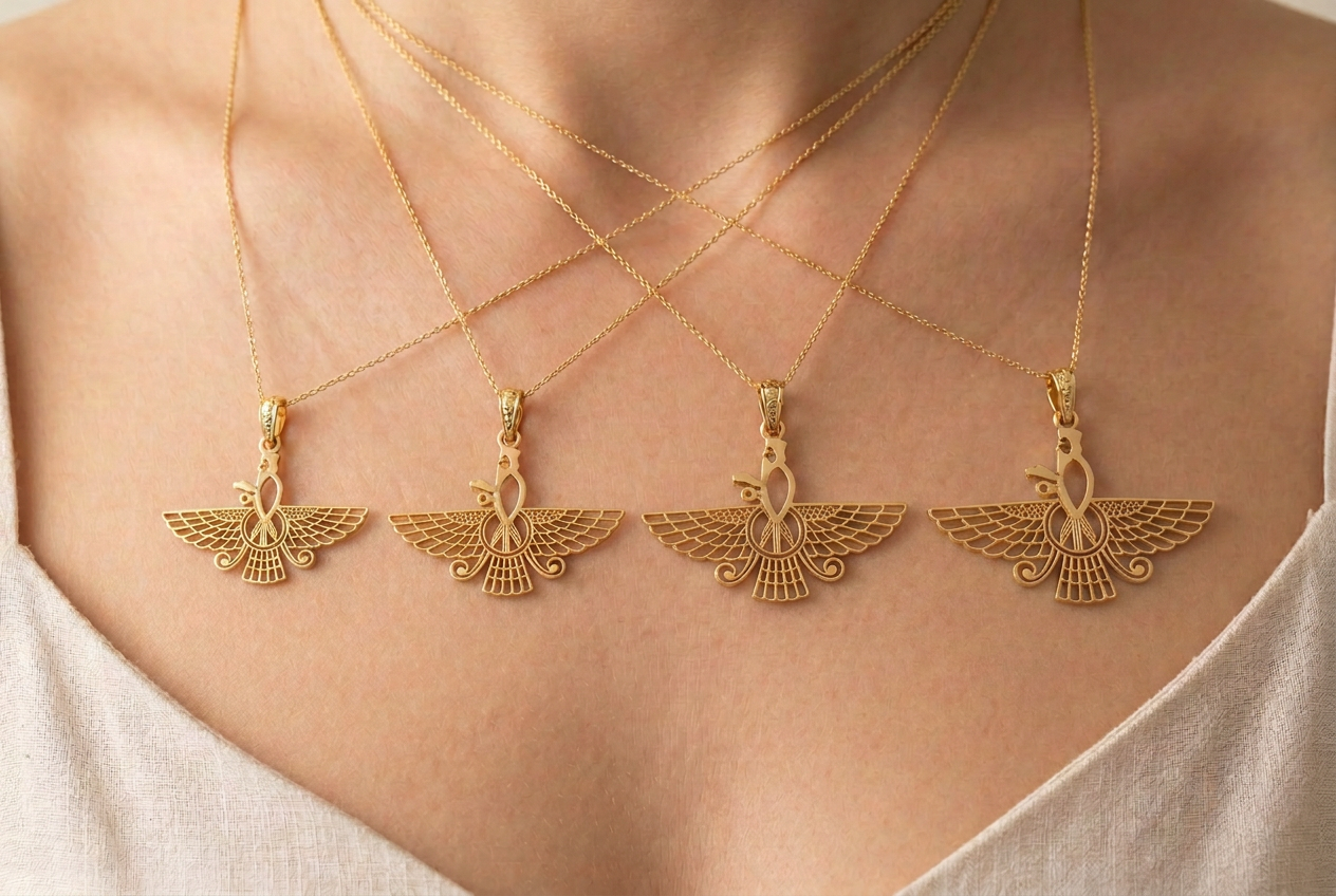 Four Asho Farohar Outline pendants worn on a woman in 1, 1.25, 1.5 and 1.75 inch sizes for scale comparison