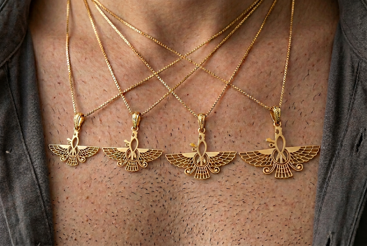 Four Asho Farohar Outline pendants worn on a man in 1, 1.25, 1.5 and 1.75 inch sizes for scale comparison