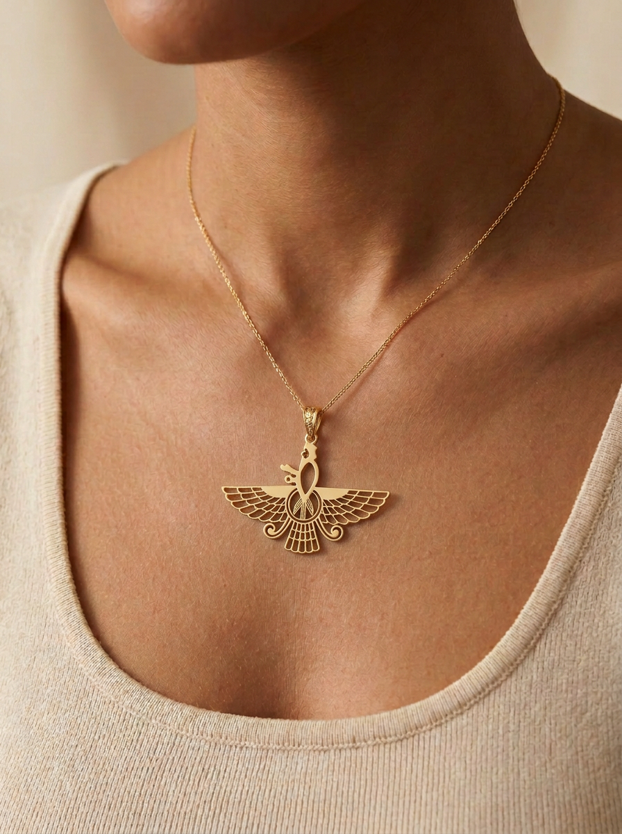 Asho Farohar Outline pendant worn on a fine gold chain