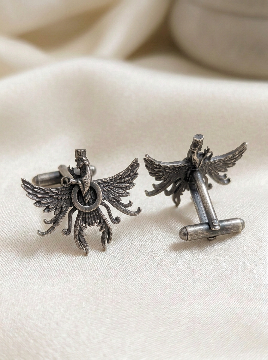 Asho Farohar Firestarter cufflinks in antique sterling silver finish