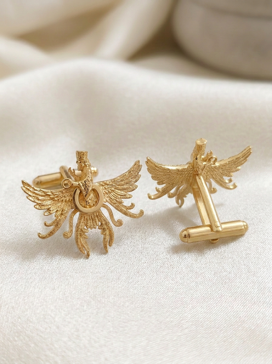 Asho Farohar Firestarter cufflinks in 18K gold with matching gold-toned toggle