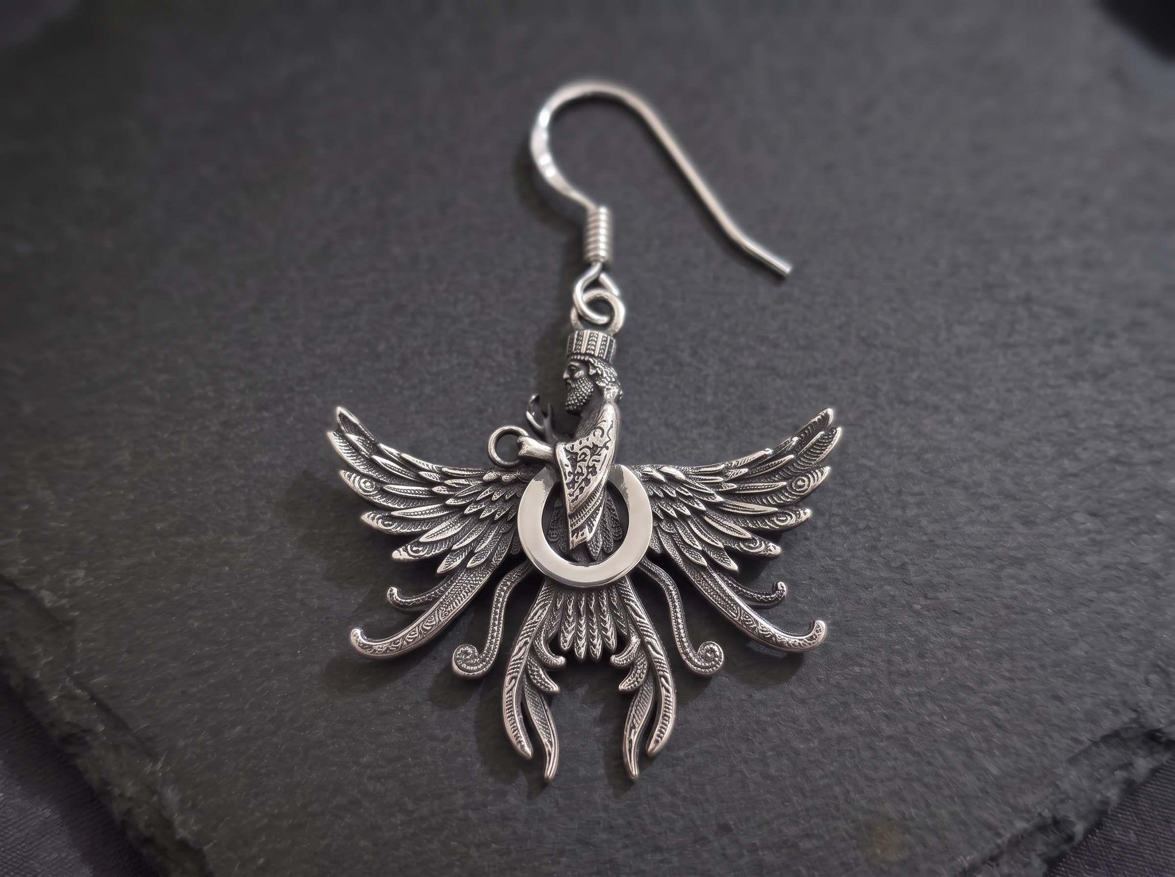 Pair of Asho Farohar Firestarter earrings in antique silver finish