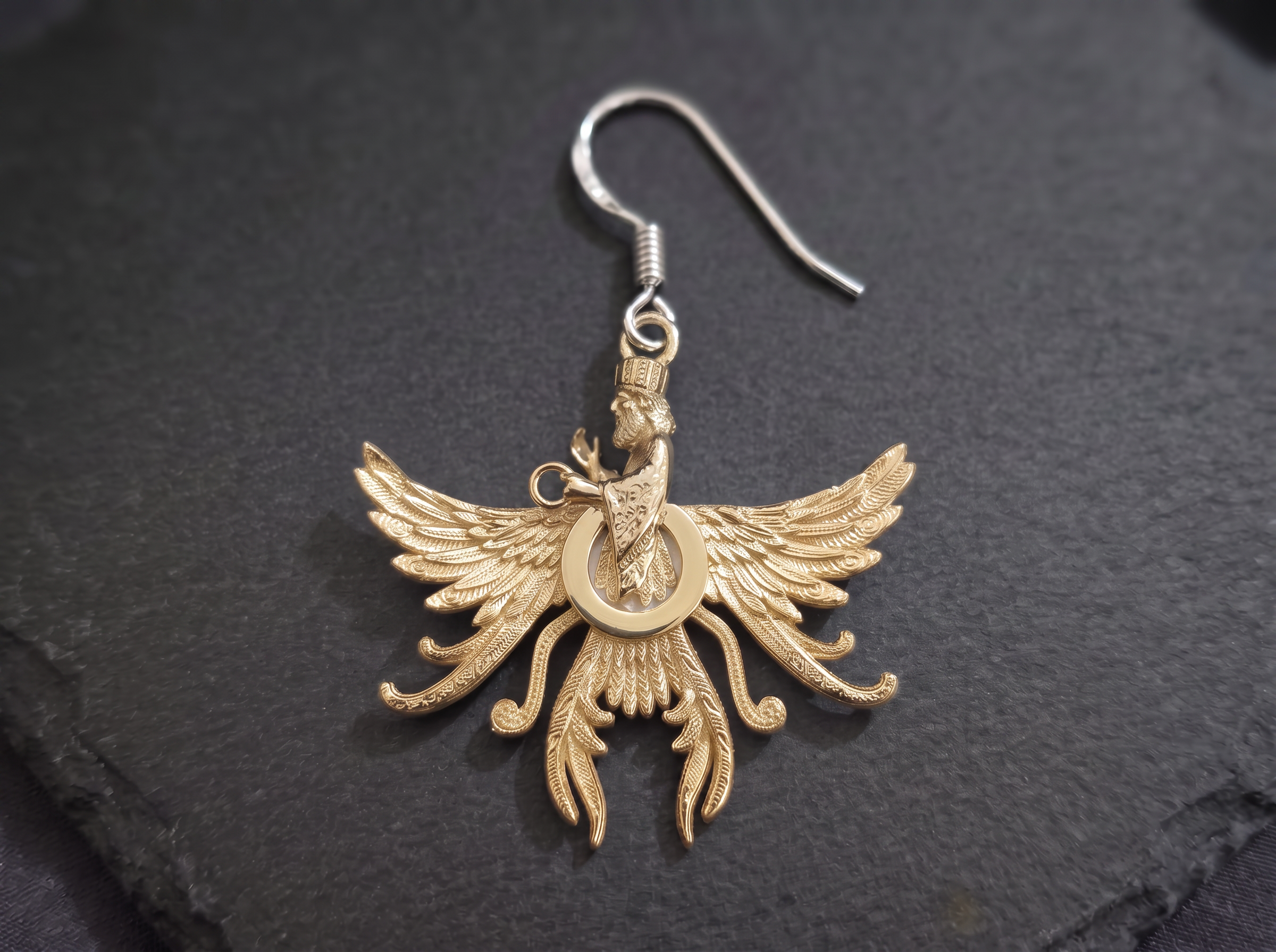 Pair of Asho Farohar Firestarter earrings in 18K gold with silver hooks
