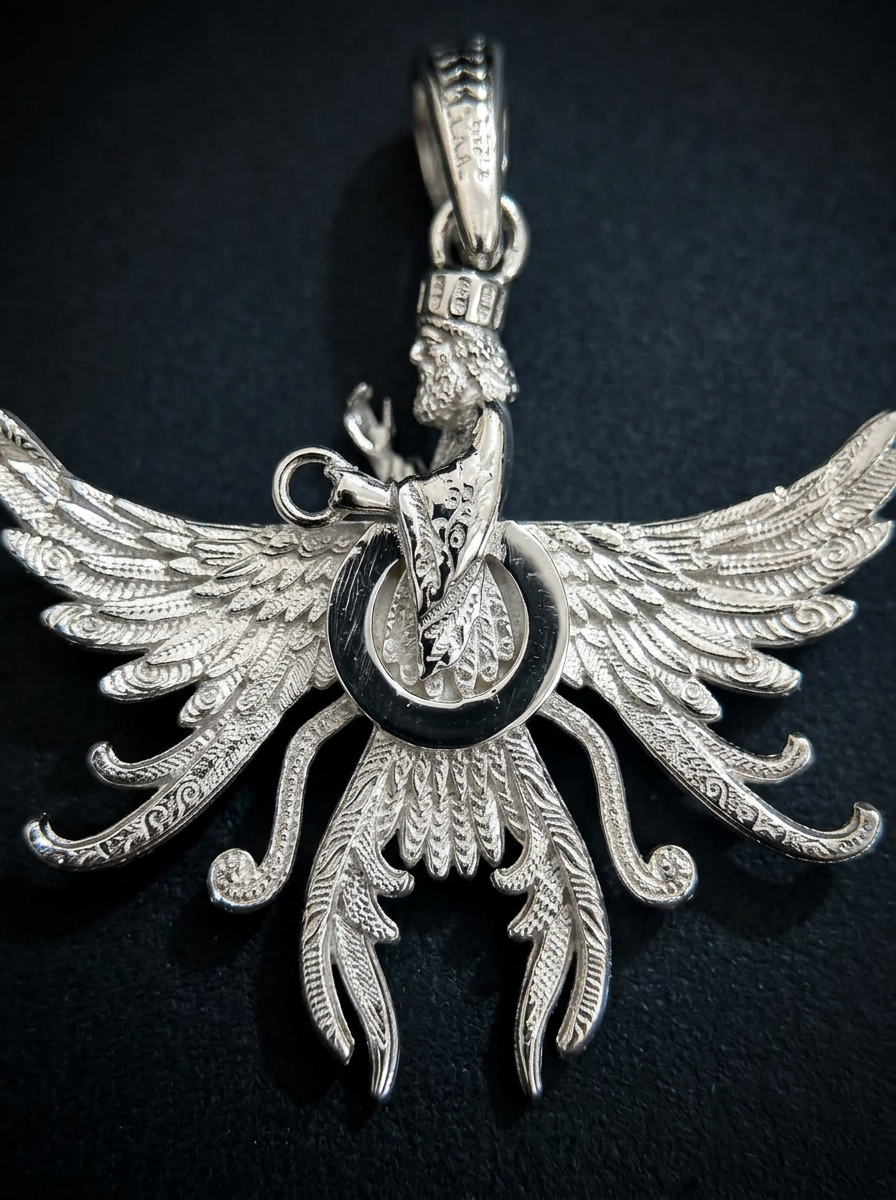 Macro detail of the Asho Farohar Firestarter 3D pendant showing carved feather texture