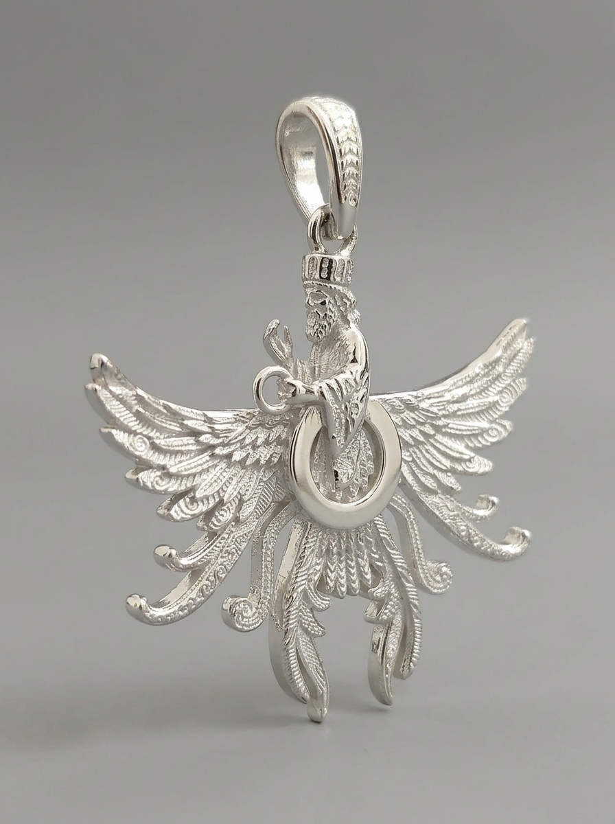 Side-angle view of the Asho Farohar Firestarter 3D pendant