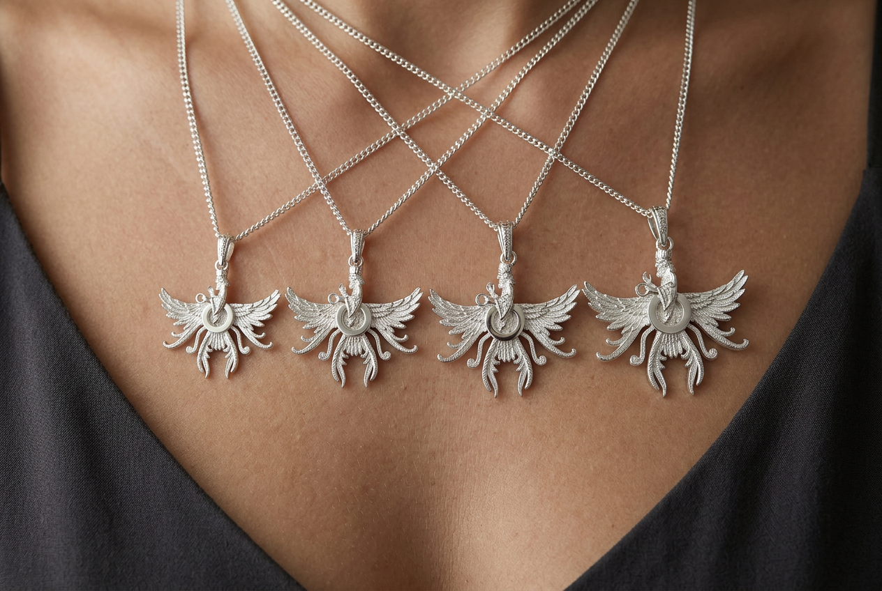 Four Asho Farohar Firestarter 3D pendants worn on a woman in 1, 1.25, 1.5 and 1.75 inch sizes for scale comparison