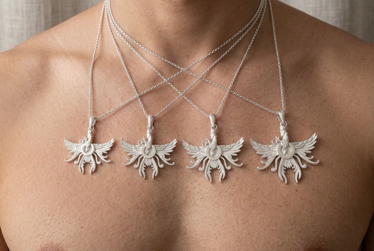 Four Asho Farohar Firestarter 3D pendants worn on a man in 1, 1.25, 1.5 and 1.75 inch sizes for scale comparison