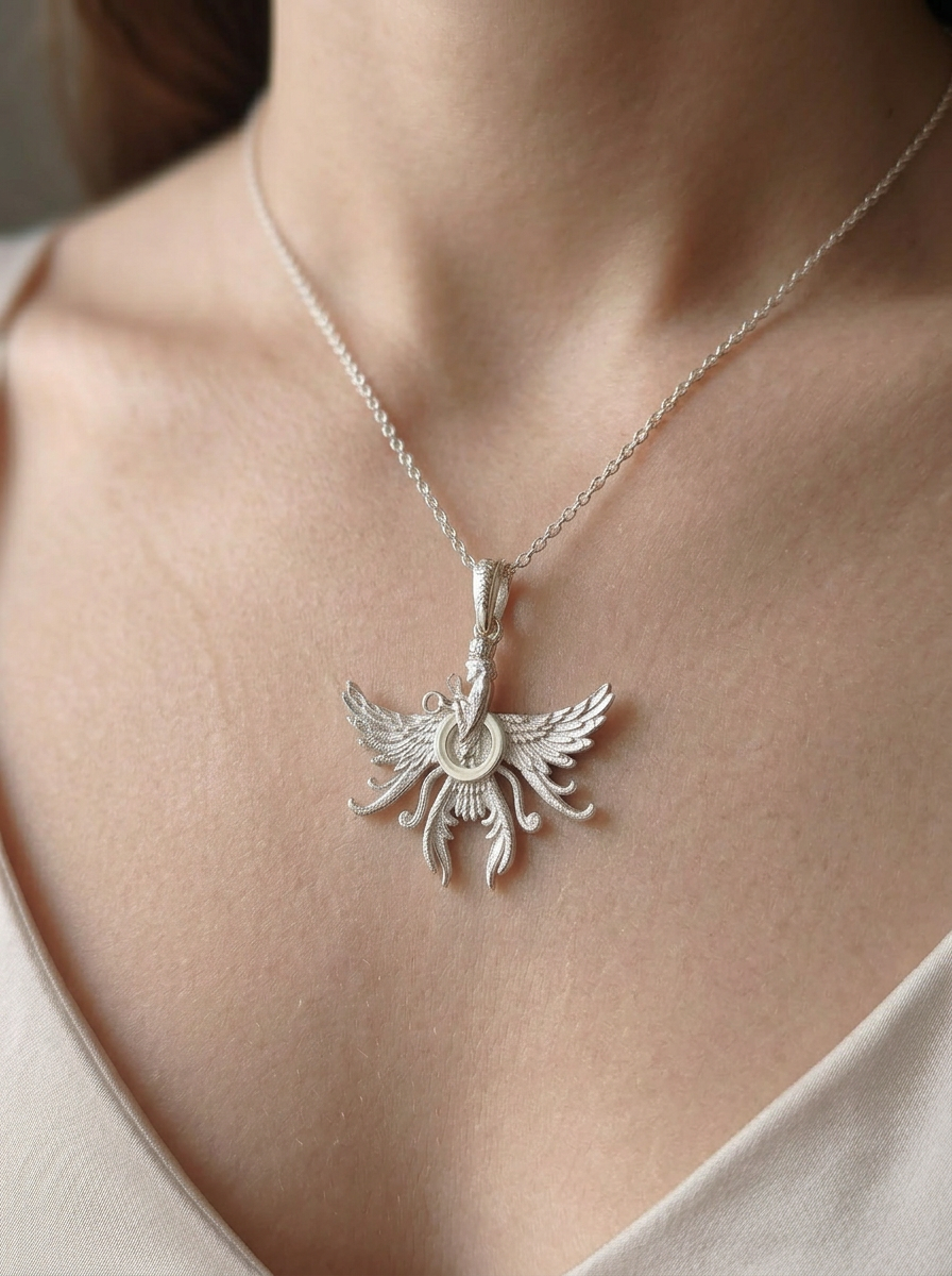 Asho Farohar Firestarter 3D pendant worn on a silver chain
